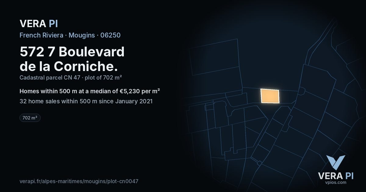 572 7 Boulevard de la Corniche, Mougins at night – the plot lit, the parcels around coloured by the prices near them