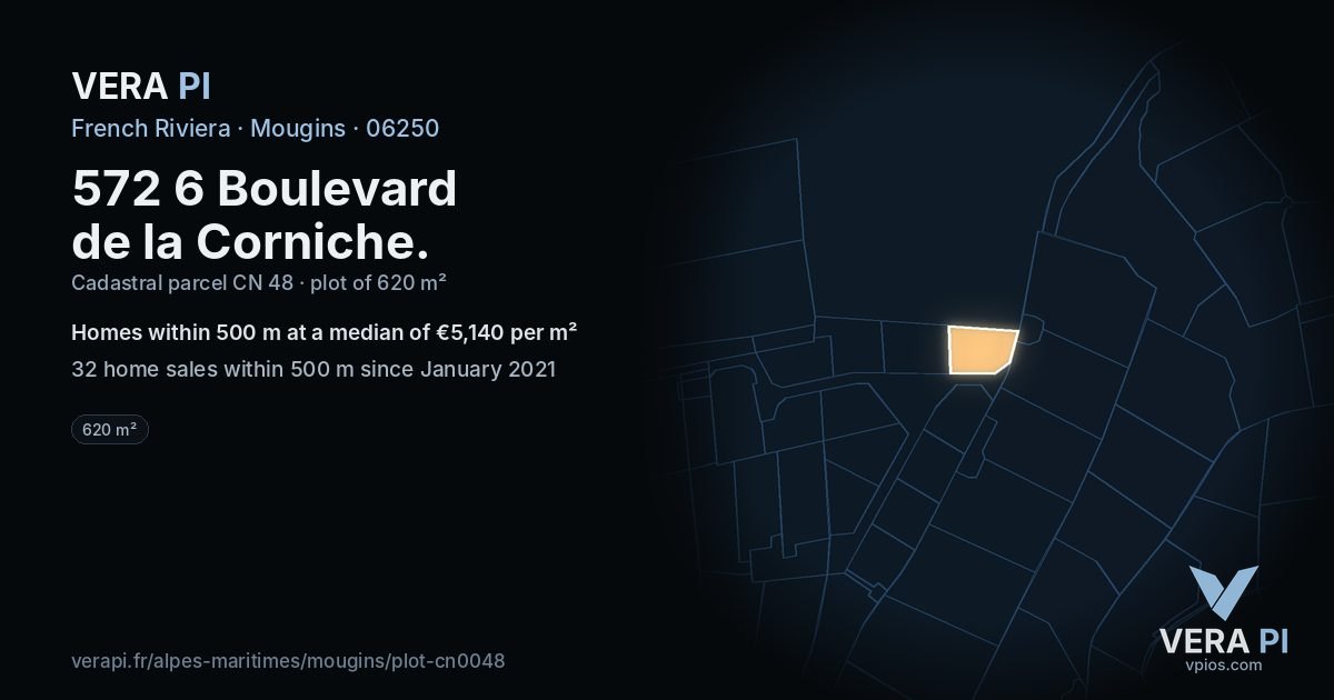 572 6 Boulevard de la Corniche, Mougins at night – the plot lit, the parcels around coloured by the prices near them