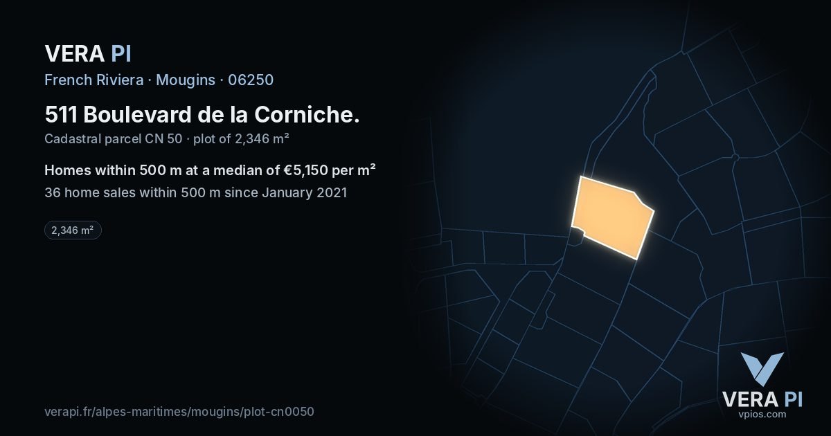511 Boulevard de la Corniche, Mougins at night – the plot lit, the parcels around coloured by the prices near them