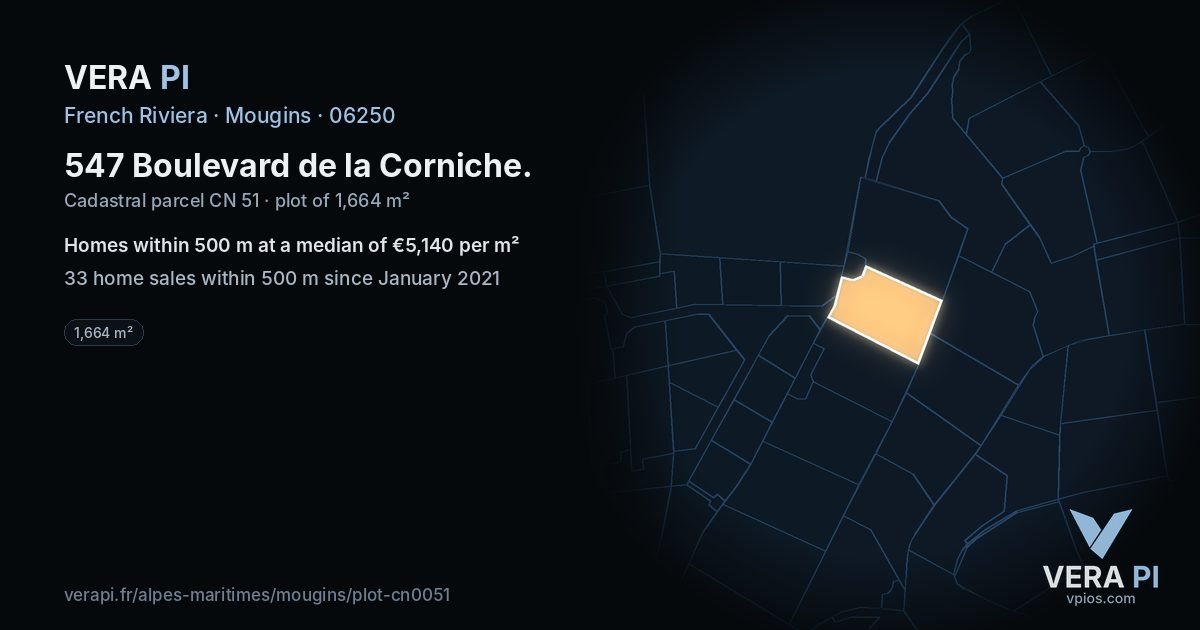 547 Boulevard de la Corniche, Mougins at night – the plot lit, the parcels around coloured by the prices near them