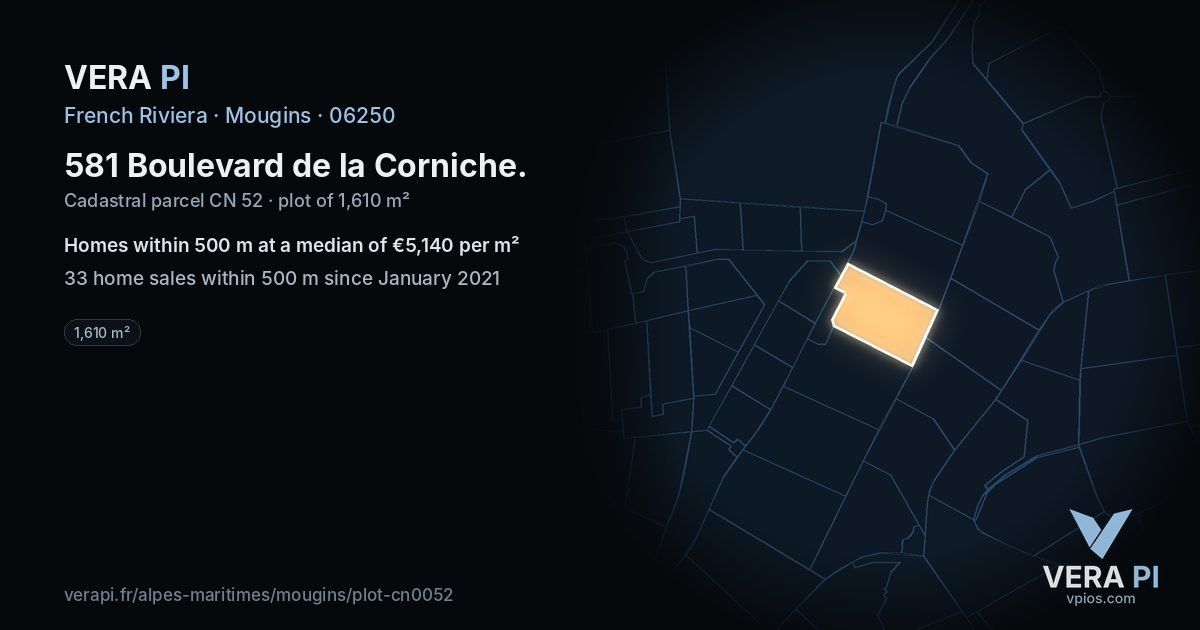 581 Boulevard de la Corniche, Mougins at night – the plot lit, the parcels around coloured by the prices near them