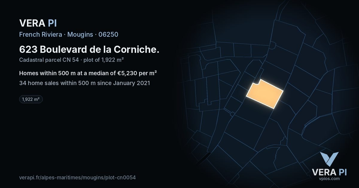 623 Boulevard de la Corniche, Mougins at night – the plot lit, the parcels around coloured by the prices near them