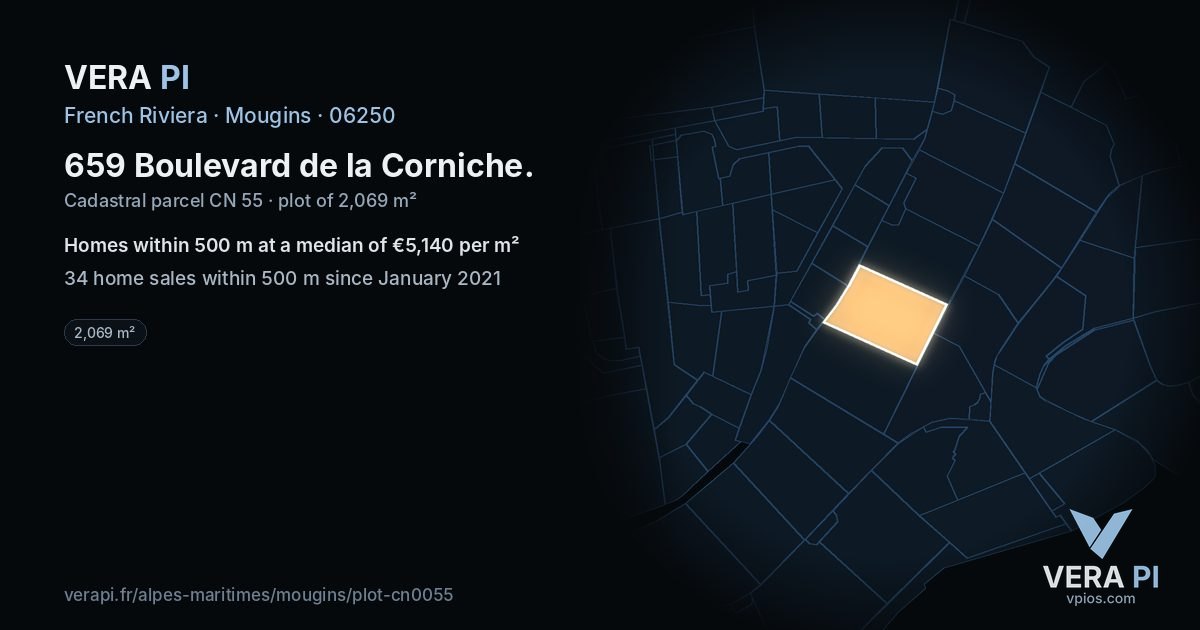 659 Boulevard de la Corniche, Mougins at night – the plot lit, the parcels around coloured by the prices near them