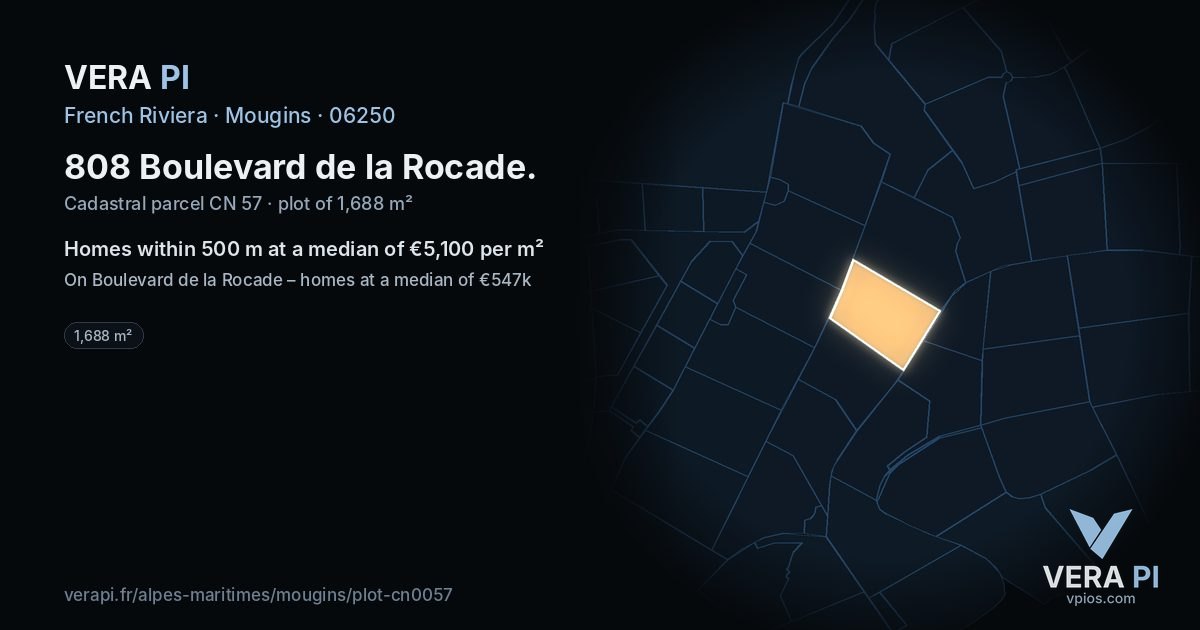 808 Boulevard de la Rocade, Mougins at night – the plot lit, the parcels around coloured by the prices near them