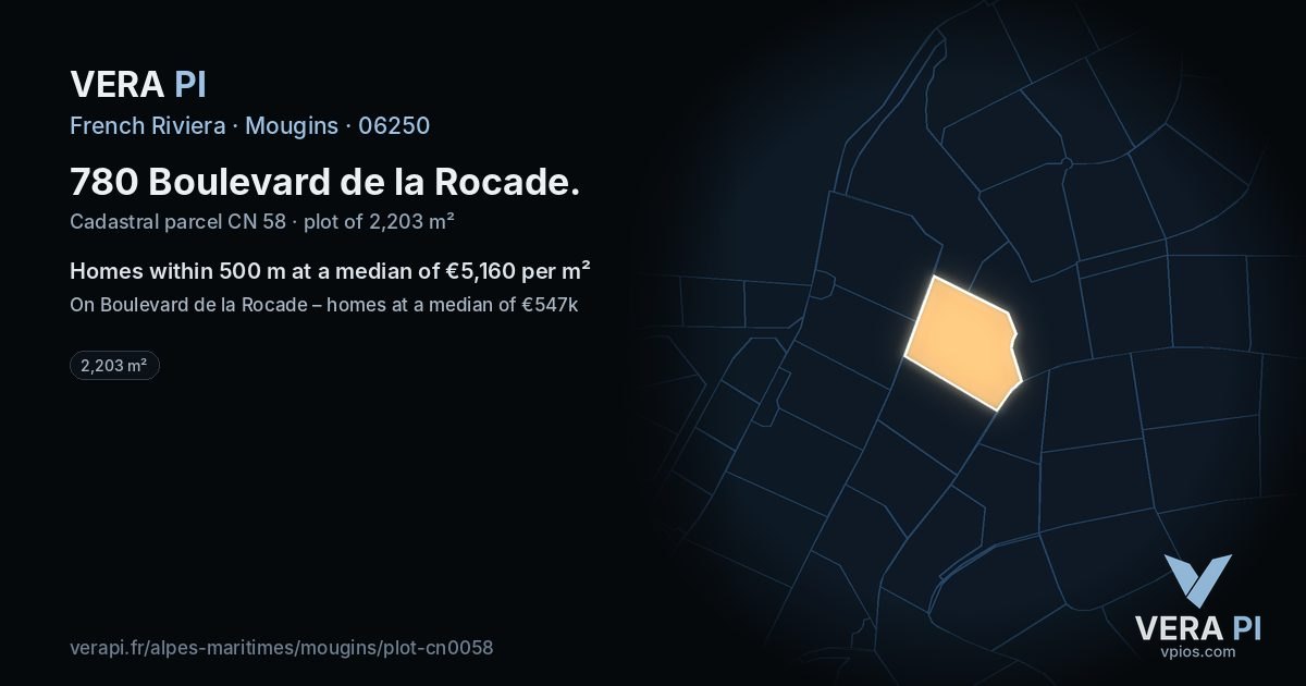 780 Boulevard de la Rocade, Mougins at night – the plot lit, the parcels around coloured by the prices near them
