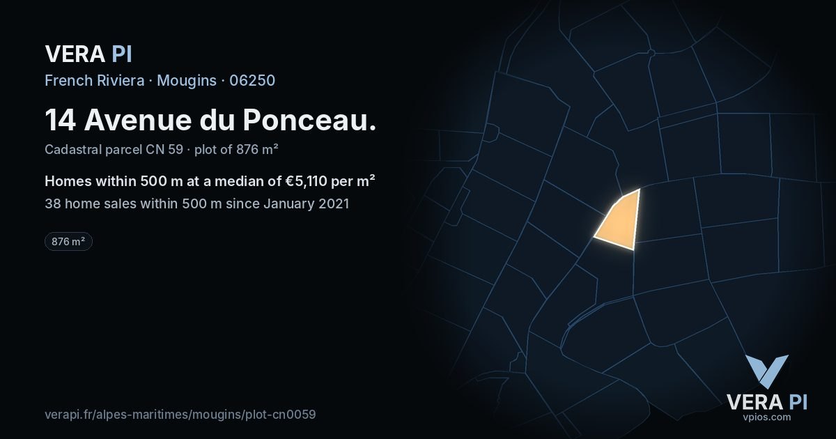 14 Avenue du Ponceau, Mougins at night – the plot lit, the parcels around coloured by the prices near them