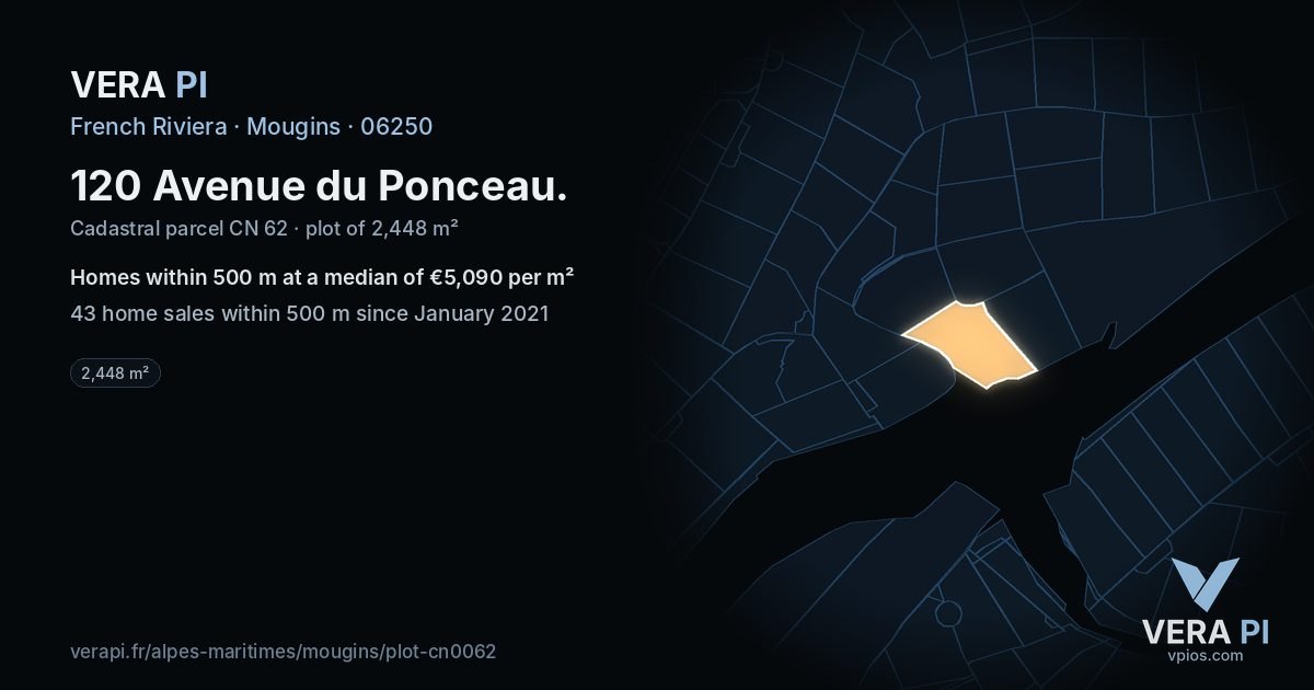 120 Avenue du Ponceau, Mougins at night – the plot lit, the parcels around coloured by the prices near them