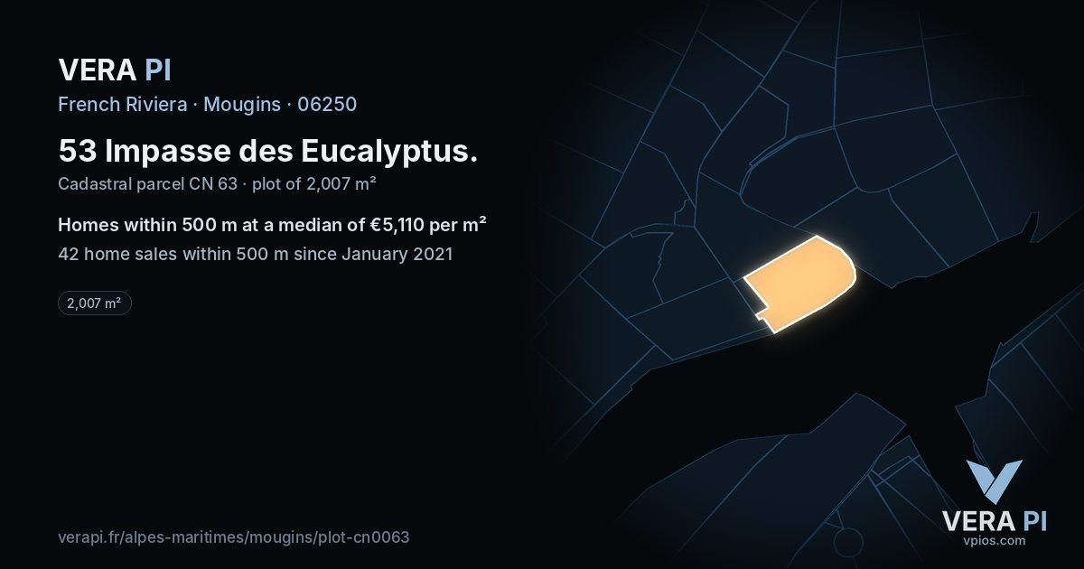 53 Impasse des Eucalyptus, Mougins at night – the plot lit, the parcels around coloured by the prices near them