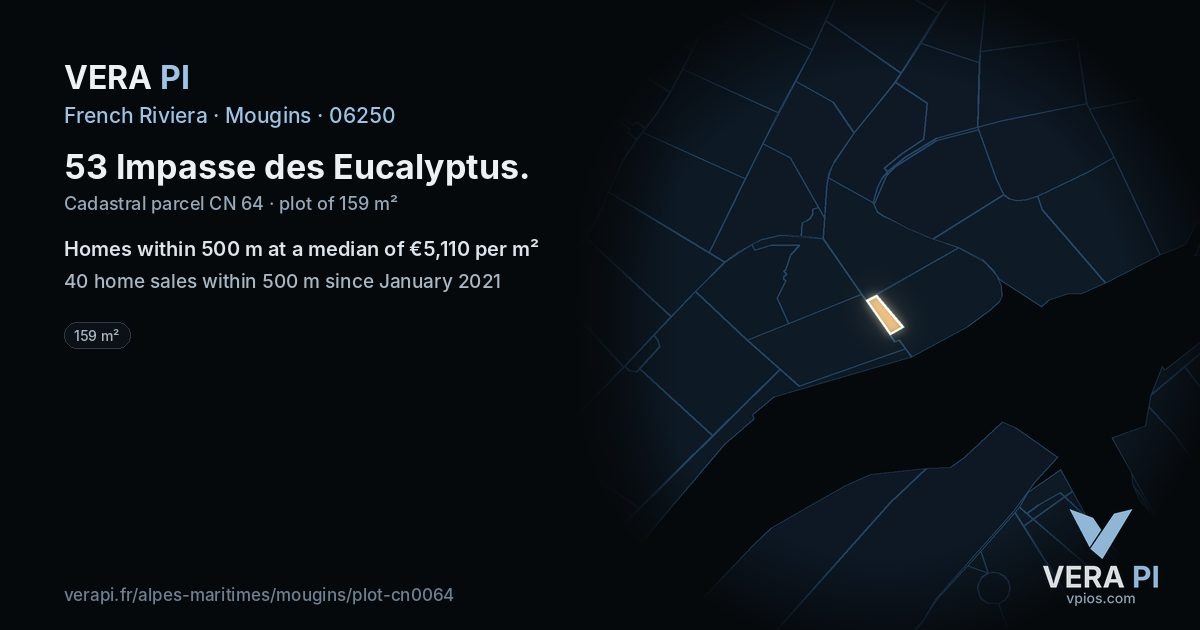 53 Impasse des Eucalyptus, Mougins at night – the plot lit, the parcels around coloured by the prices near them