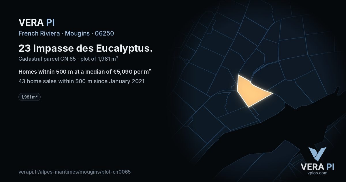 23 Impasse des Eucalyptus, Mougins at night – the plot lit, the parcels around coloured by the prices near them