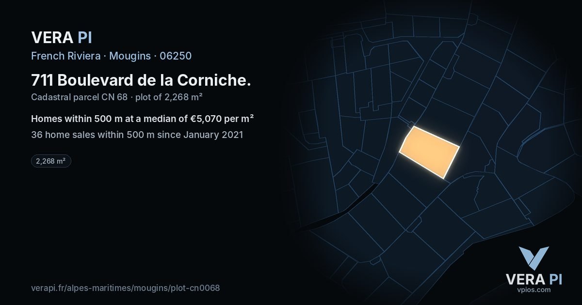 711 Boulevard de la Corniche, Mougins at night – the plot lit, the parcels around coloured by the prices near them