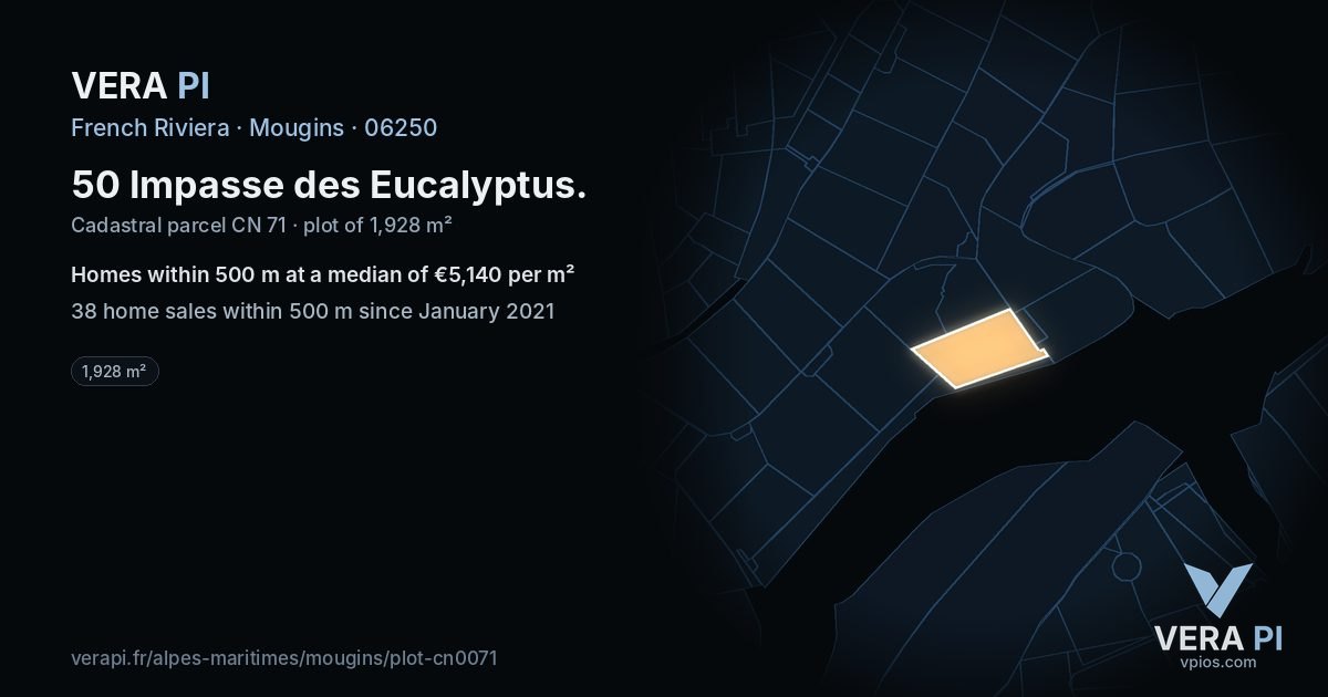 50 Impasse des Eucalyptus, Mougins at night – the plot lit, the parcels around coloured by the prices near them