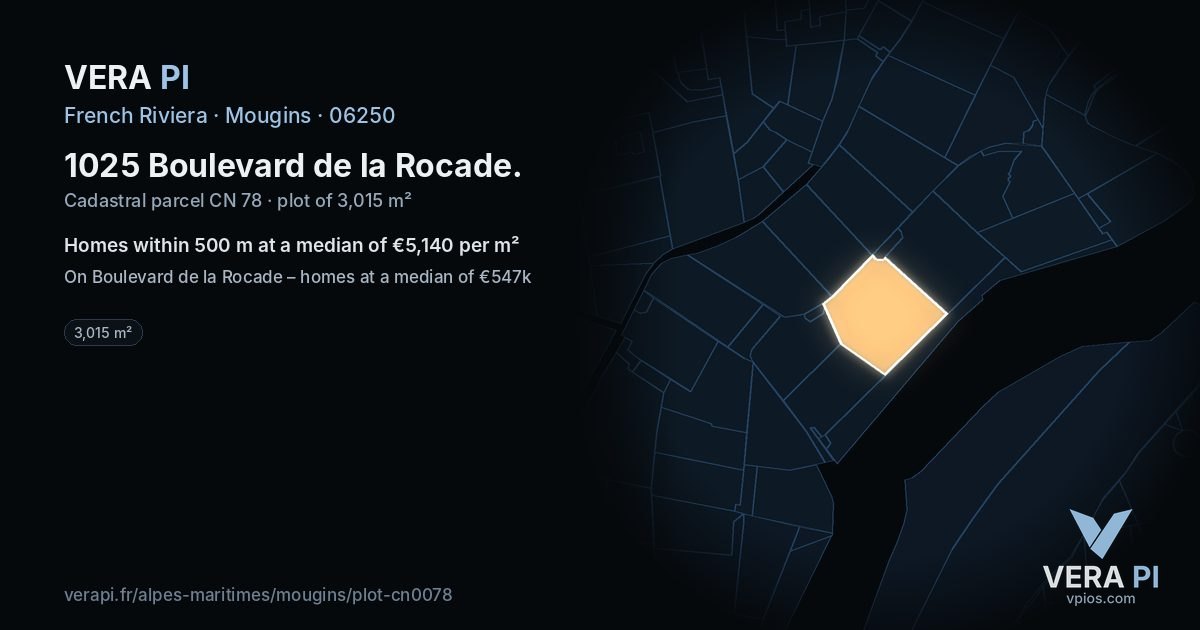 1025 Boulevard de la Rocade, Mougins at night – the plot lit, the parcels around coloured by the prices near them