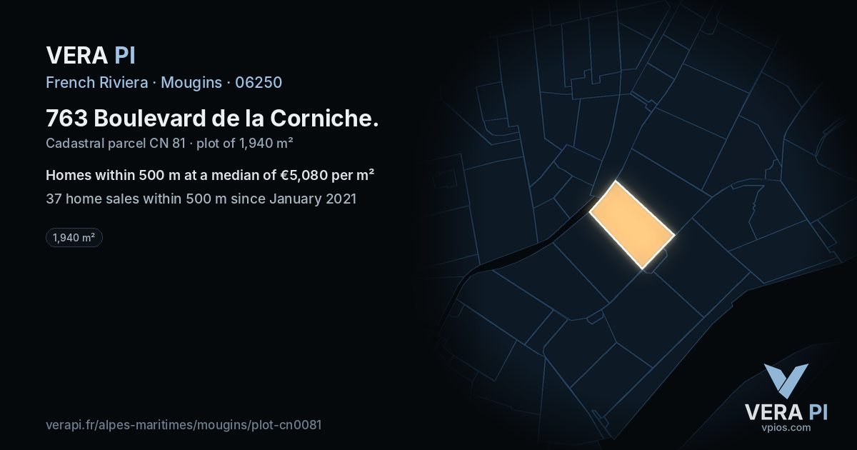 763 Boulevard de la Corniche, Mougins at night – the plot lit, the parcels around coloured by the prices near them