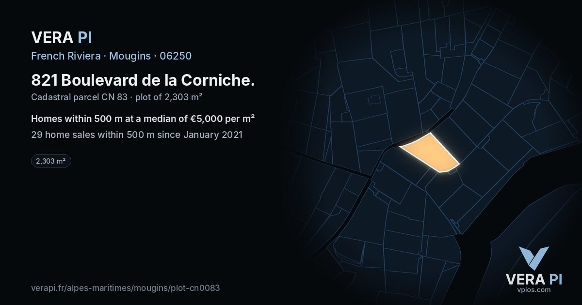 821 Boulevard de la Corniche, Mougins at night – the plot lit, the parcels around coloured by the prices near them