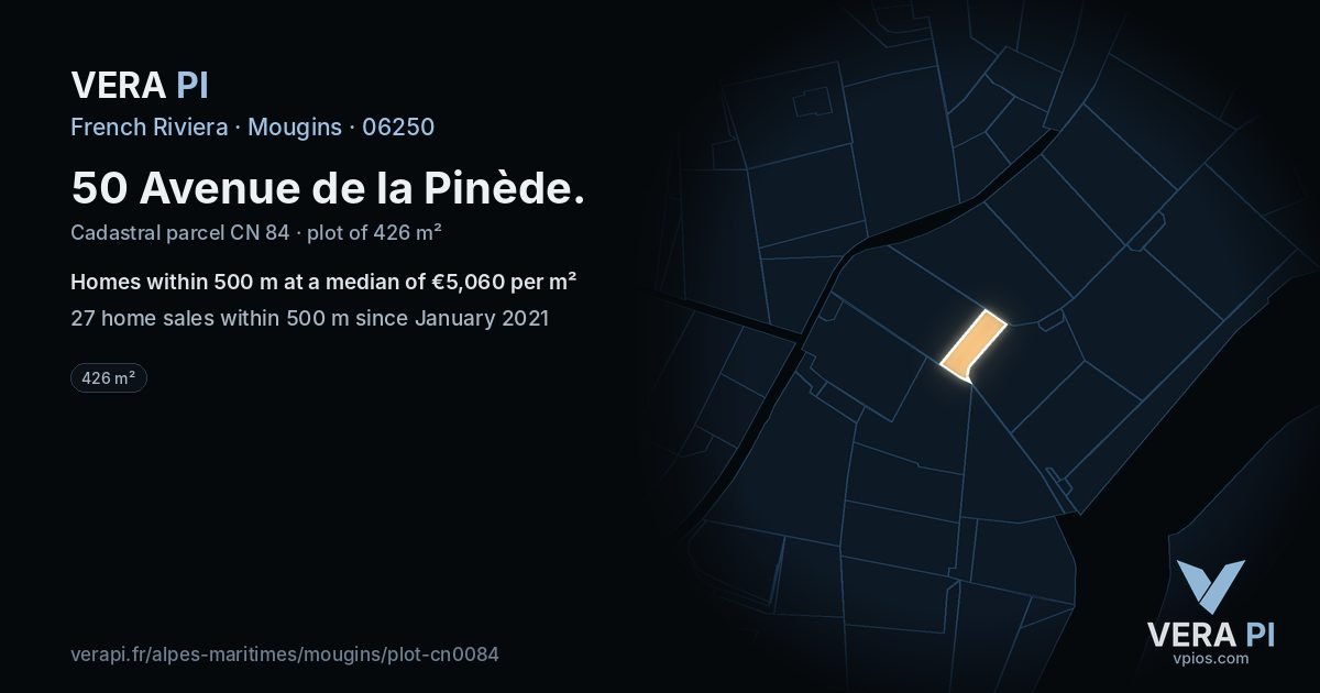 50 Avenue de la Pinède, Mougins at night – the plot lit, the parcels around coloured by the prices near them