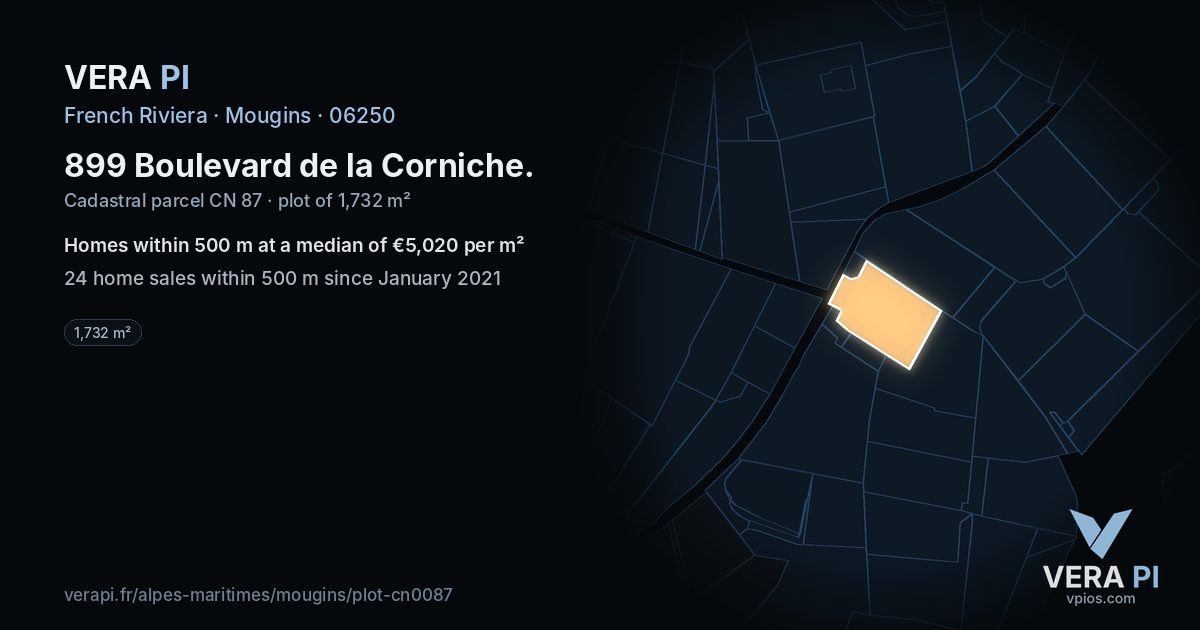 899 Boulevard de la Corniche, Mougins at night – the plot lit, the parcels around coloured by the prices near them