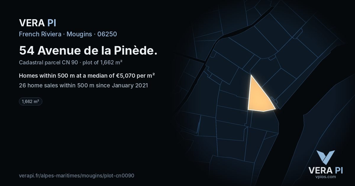 54 Avenue de la Pinède, Mougins at night – the plot lit, the parcels around coloured by the prices near them