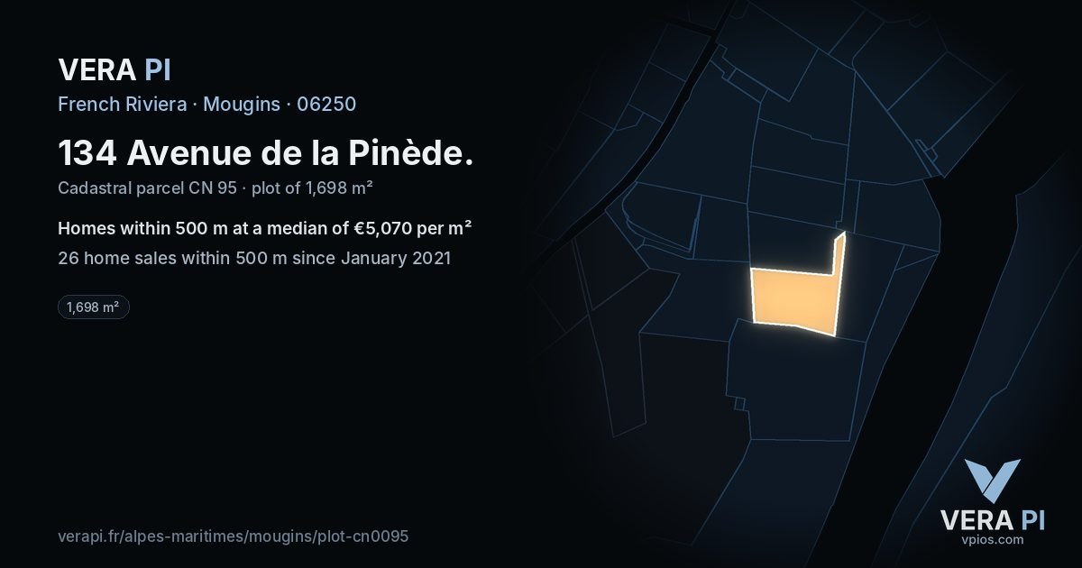 134 Avenue de la Pinède, Mougins at night – the plot lit, the parcels around coloured by the prices near them