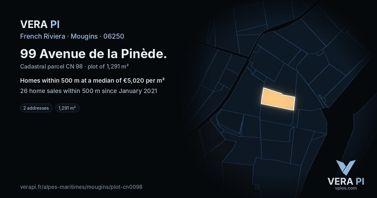 99 Avenue de la Pinède, Mougins at night – the plot lit, the parcels around coloured by the prices near them