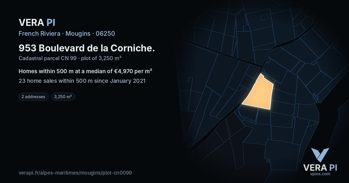 953 Boulevard de la Corniche, Mougins at night – the plot lit, the parcels around coloured by the prices near them