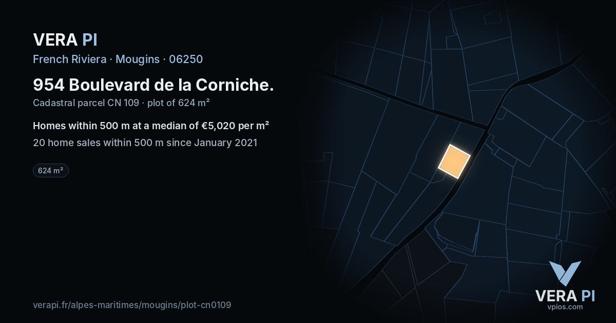 954 Boulevard de la Corniche, Mougins at night – the plot lit, the parcels around coloured by the prices near them