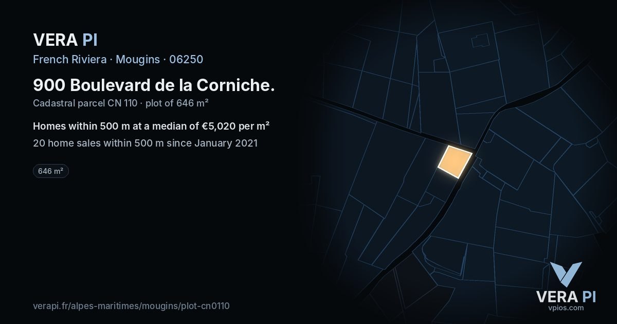 900 Boulevard de la Corniche, Mougins at night – the plot lit, the parcels around coloured by the prices near them