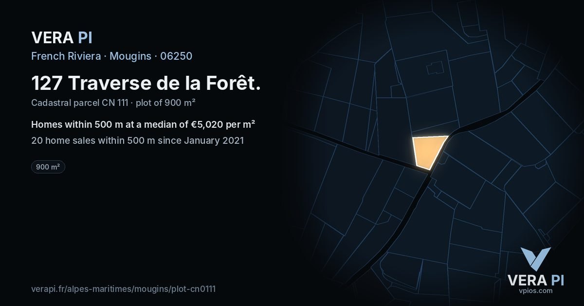 127 Traverse de la Forêt, Mougins at night – the plot lit, the parcels around coloured by the prices near them