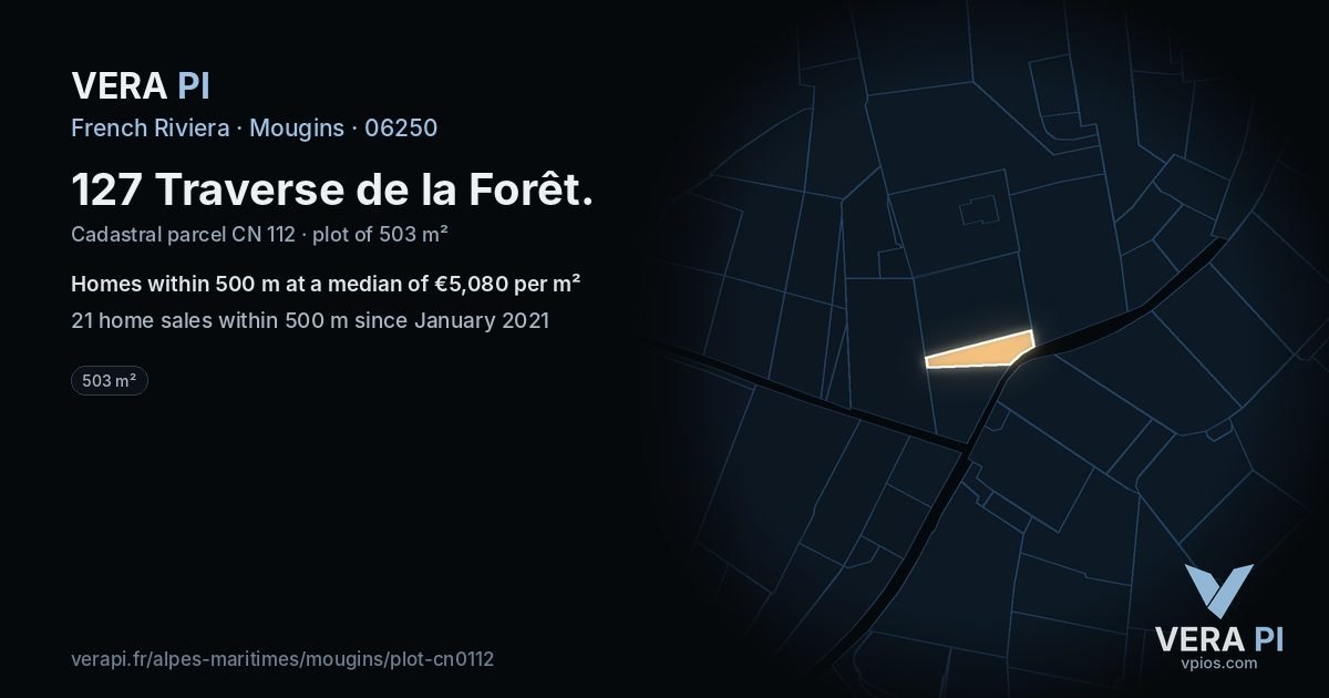 127 Traverse de la Forêt, Mougins at night – the plot lit, the parcels around coloured by the prices near them