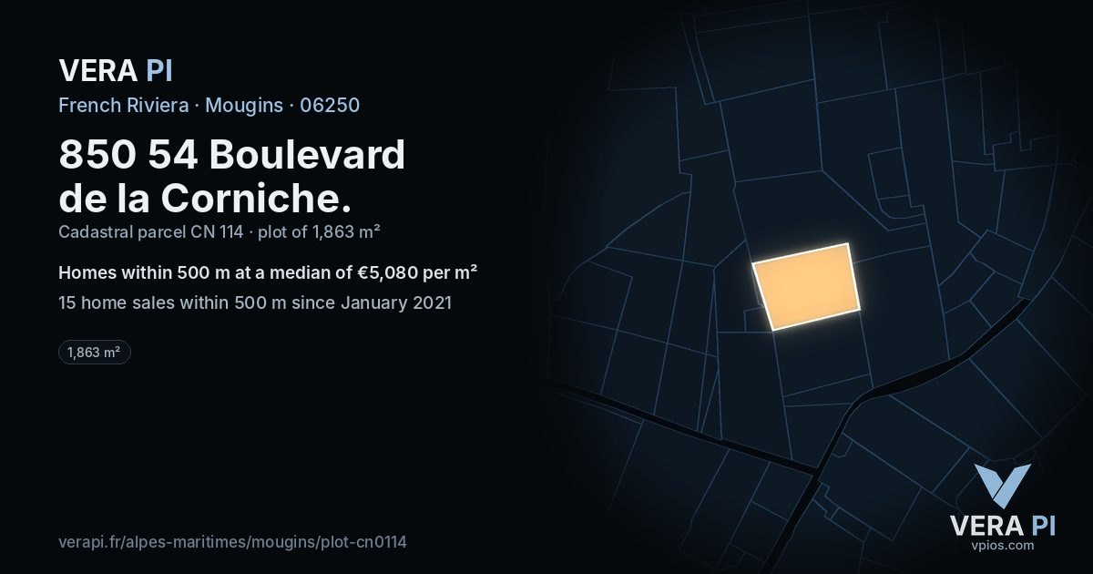 850 54 Boulevard de la Corniche, Mougins at night – the plot lit, the parcels around coloured by the prices near them