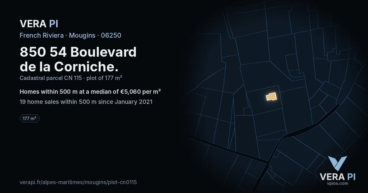 850 54 Boulevard de la Corniche, Mougins at night – the plot lit, the parcels around coloured by the prices near them