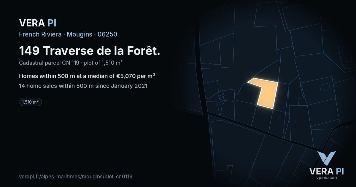 149 Traverse de la Forêt, Mougins at night – the plot lit, the parcels around coloured by the prices near them