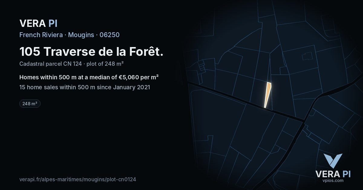 105 Traverse de la Forêt, Mougins at night – the plot lit, the parcels around coloured by the prices near them