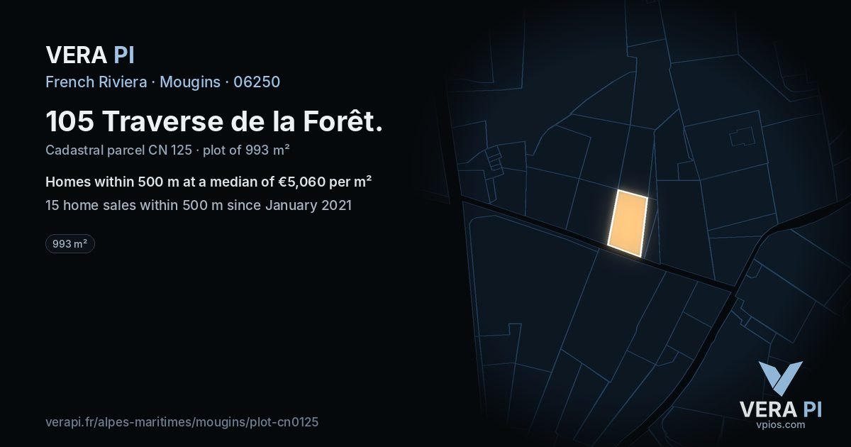 105 Traverse de la Forêt, Mougins at night – the plot lit, the parcels around coloured by the prices near them