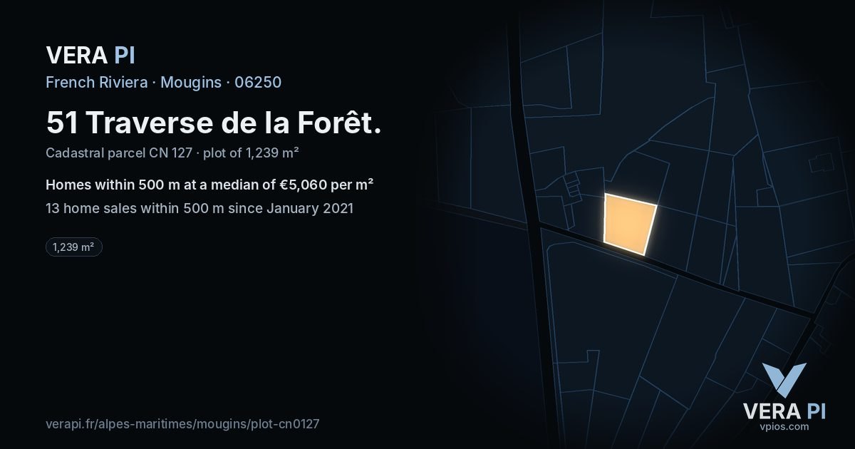 51 Traverse de la Forêt, Mougins at night – the plot lit, the parcels around coloured by the prices near them