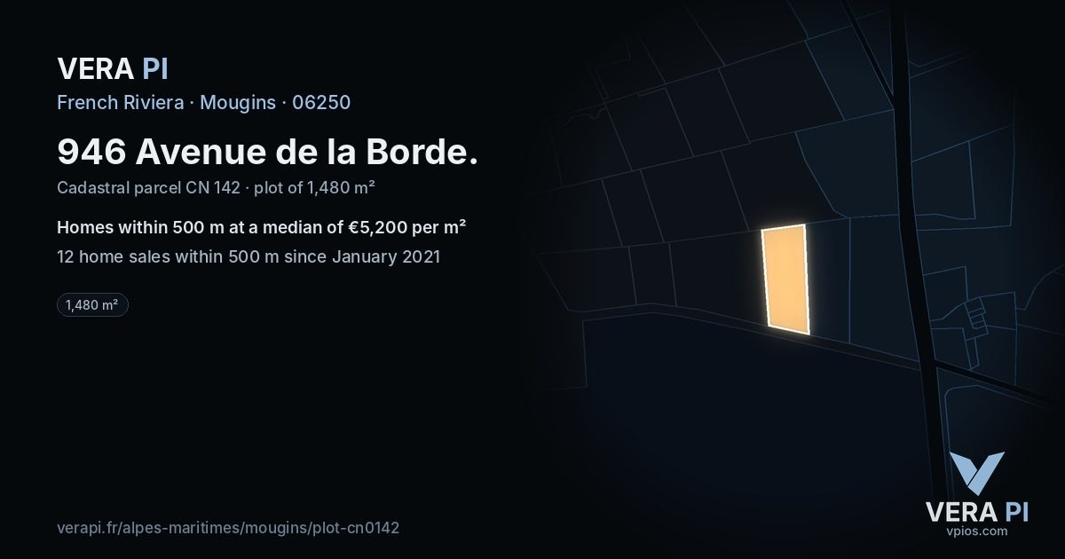 946 Avenue de la Borde, Mougins at night – the plot lit, the parcels around coloured by the prices near them