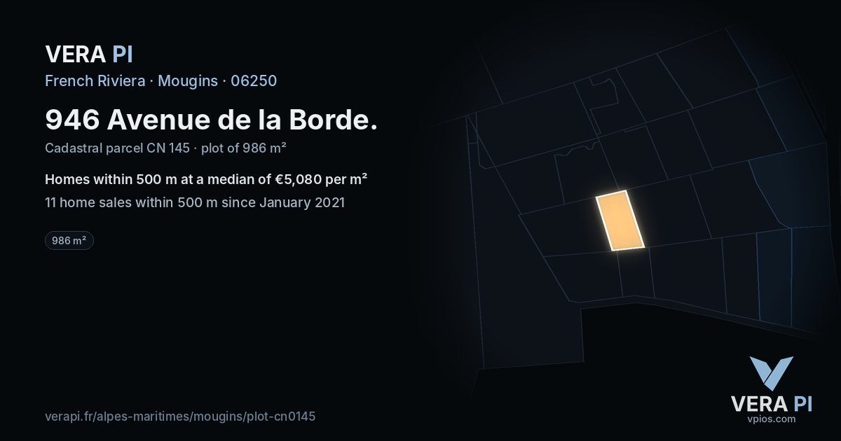 946 Avenue de la Borde, Mougins at night – the plot lit, the parcels around coloured by the prices near them