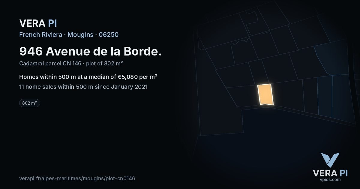 946 Avenue de la Borde, Mougins at night – the plot lit, the parcels around coloured by the prices near them