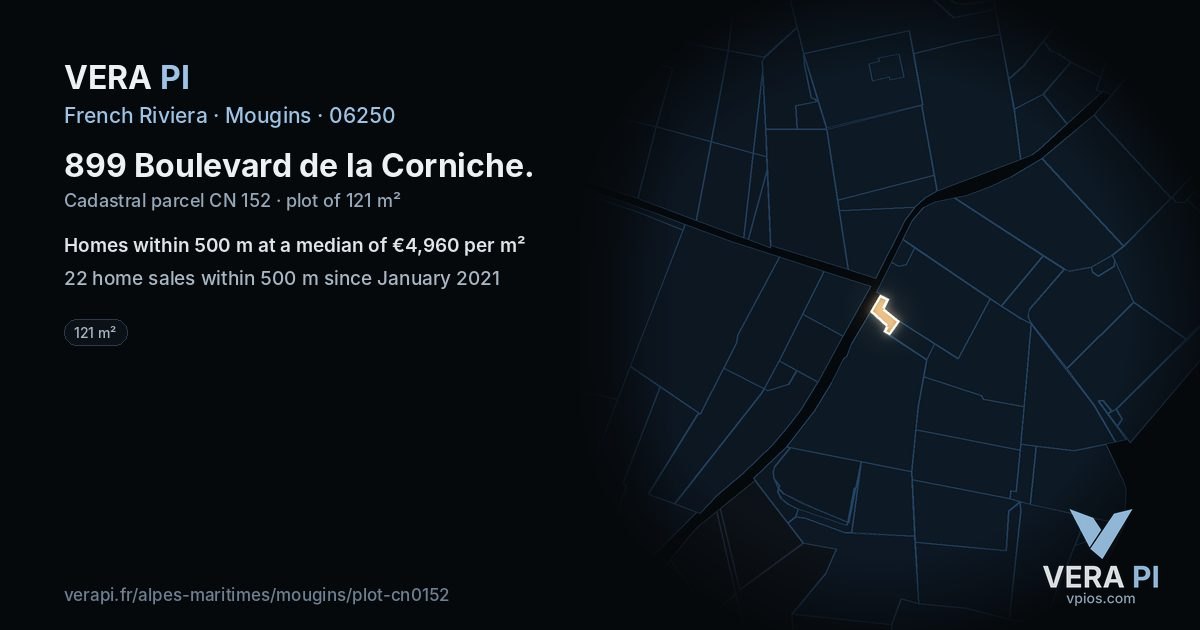 899 Boulevard de la Corniche, Mougins at night – the plot lit, the parcels around coloured by the prices near them