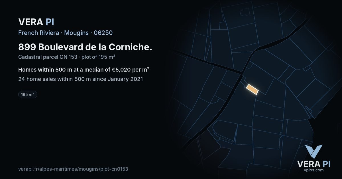 899 Boulevard de la Corniche, Mougins at night – the plot lit, the parcels around coloured by the prices near them