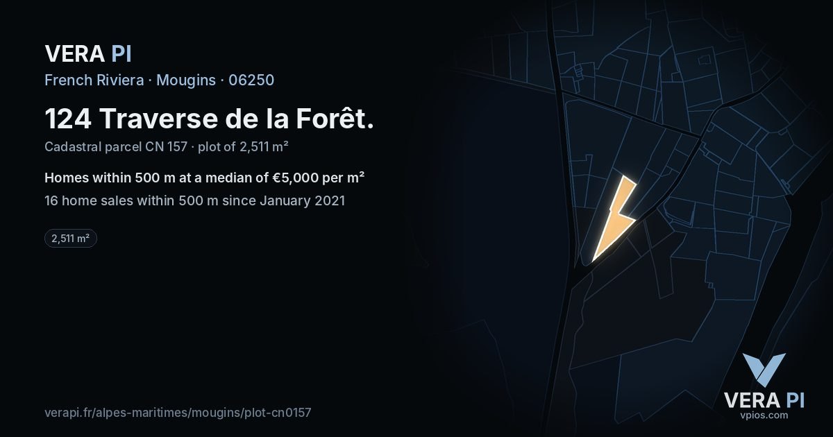 124 Traverse de la Forêt, Mougins at night – the plot lit, the parcels around coloured by the prices near them