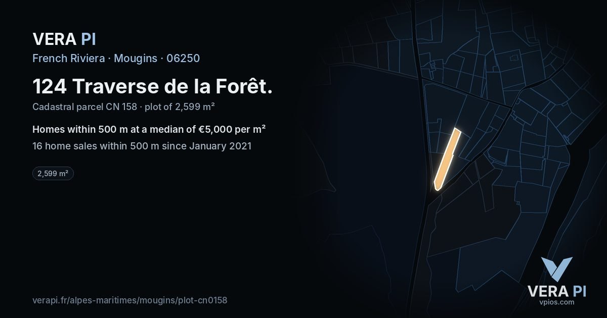 124 Traverse de la Forêt, Mougins at night – the plot lit, the parcels around coloured by the prices near them