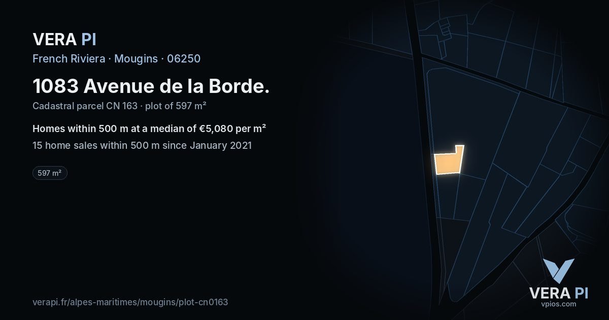 1083 Avenue de la Borde, Mougins at night – the plot lit, the parcels around coloured by the prices near them