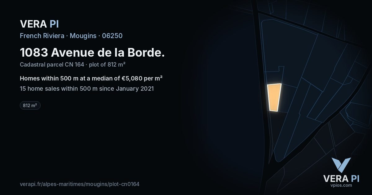 1083 Avenue de la Borde, Mougins at night – the plot lit, the parcels around coloured by the prices near them