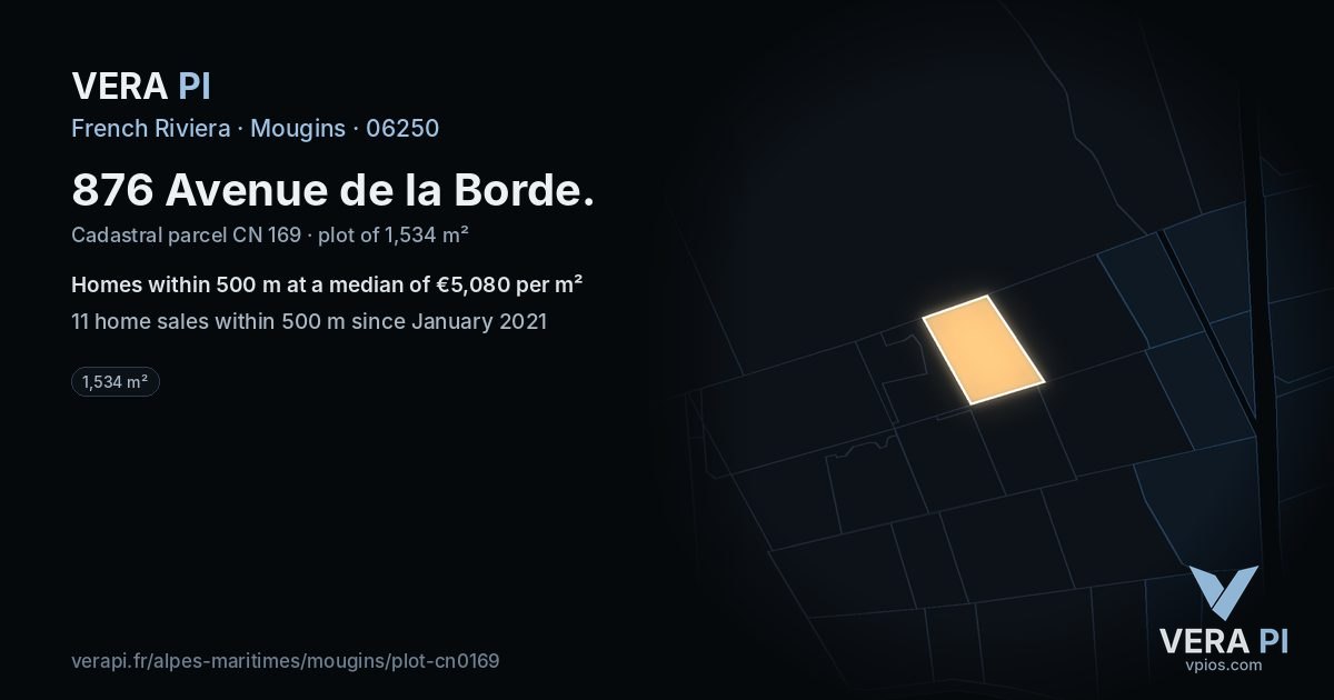 876 Avenue de la Borde, Mougins at night – the plot lit, the parcels around coloured by the prices near them