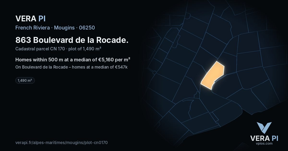 863 Boulevard de la Rocade, Mougins at night – the plot lit, the parcels around coloured by the prices near them