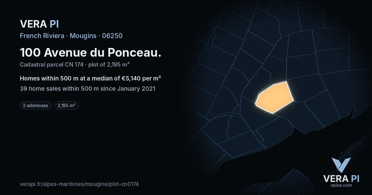 100 Avenue du Ponceau, Mougins at night – the plot lit, the parcels around coloured by the prices near them