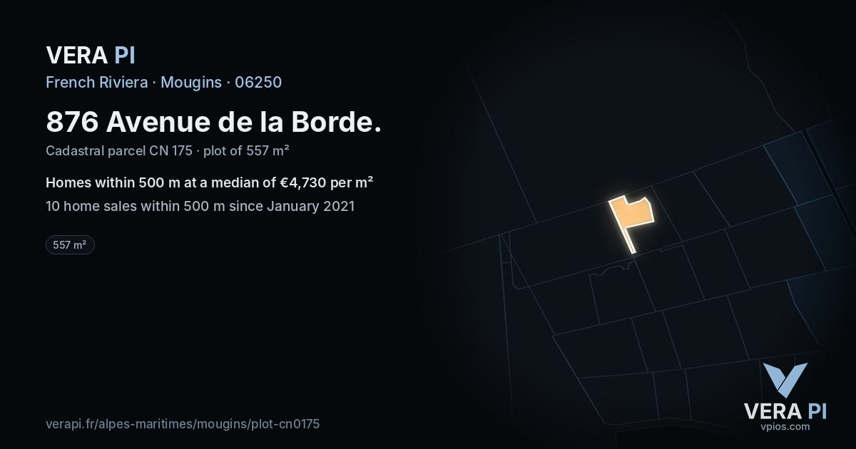 876 Avenue de la Borde, Mougins at night – the plot lit, the parcels around coloured by the prices near them