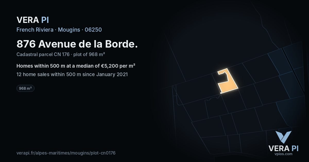 876 Avenue de la Borde, Mougins at night – the plot lit, the parcels around coloured by the prices near them