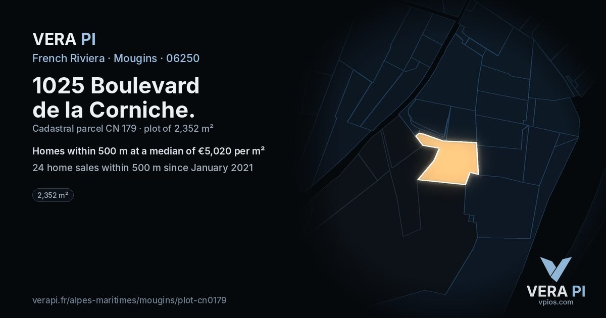 1025 Boulevard de la Corniche, Mougins at night – the plot lit, the parcels around coloured by the prices near them